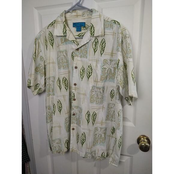 Paradise Blue Men's L Shirt Collared Button Hawaiian Palm Leaf Short Sleeve... - Picture 2 of 10